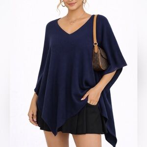 La Marey 100% Cashmere Navy Poncho Wrap — Luxe Holiday Layering One Size